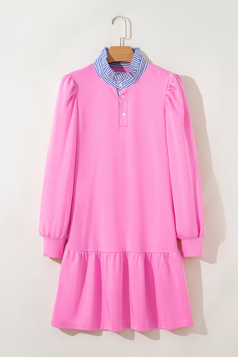 Contrast Striped Collar Patchwork Puff Sleeve Ruffle Hem Mini Dress